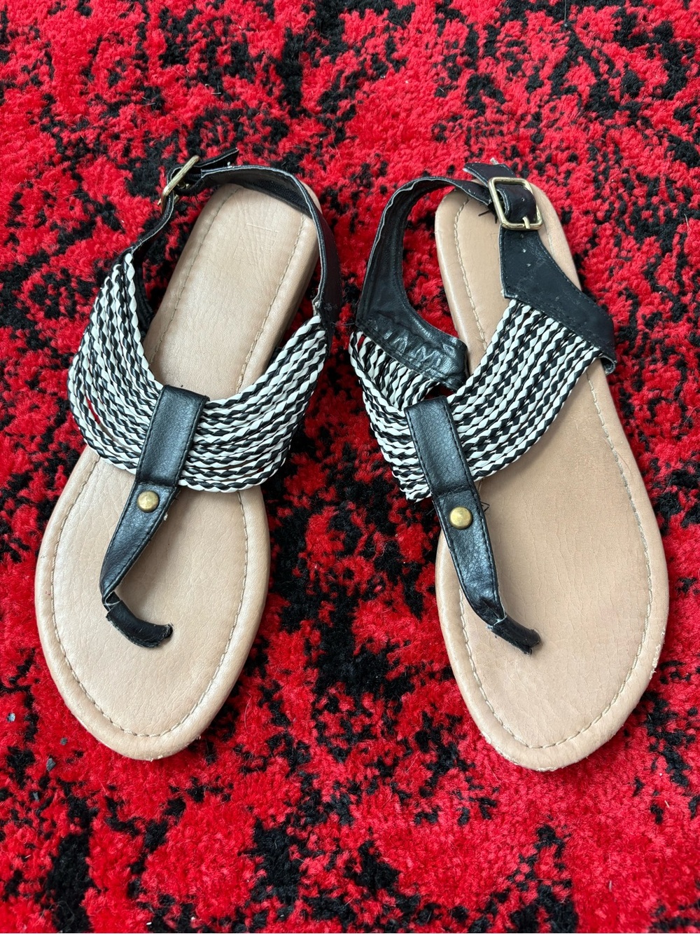 Women's Black and White Braided Thong Sandals
